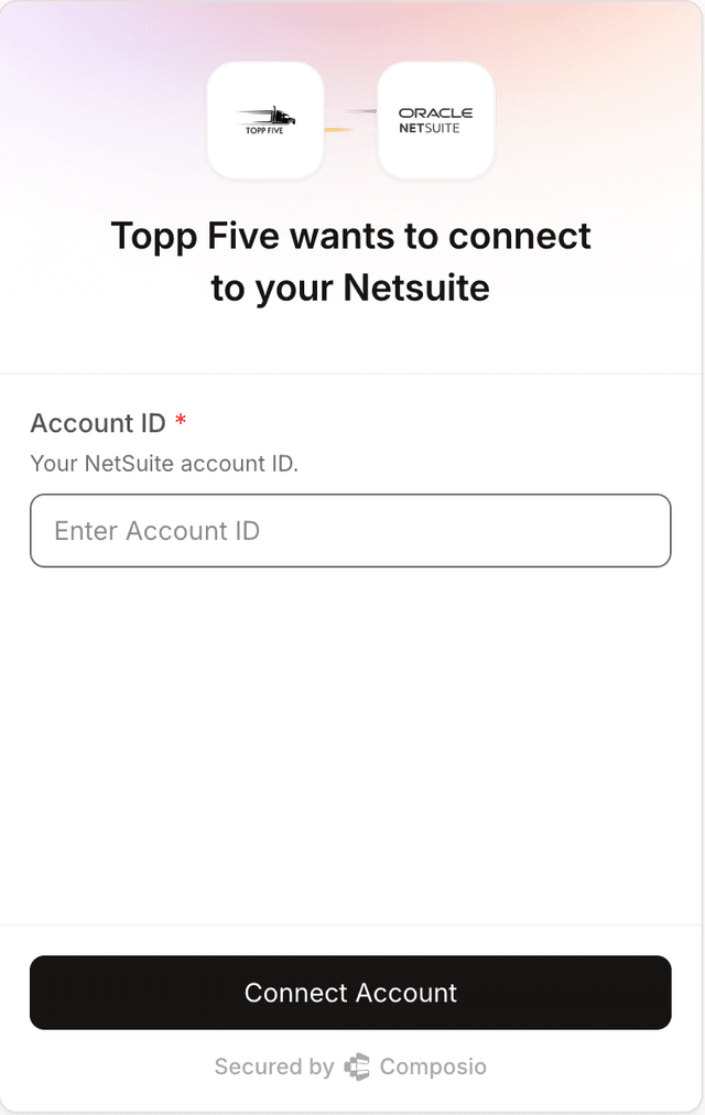 Composio intermediate screen asking for your NetSuite Account ID