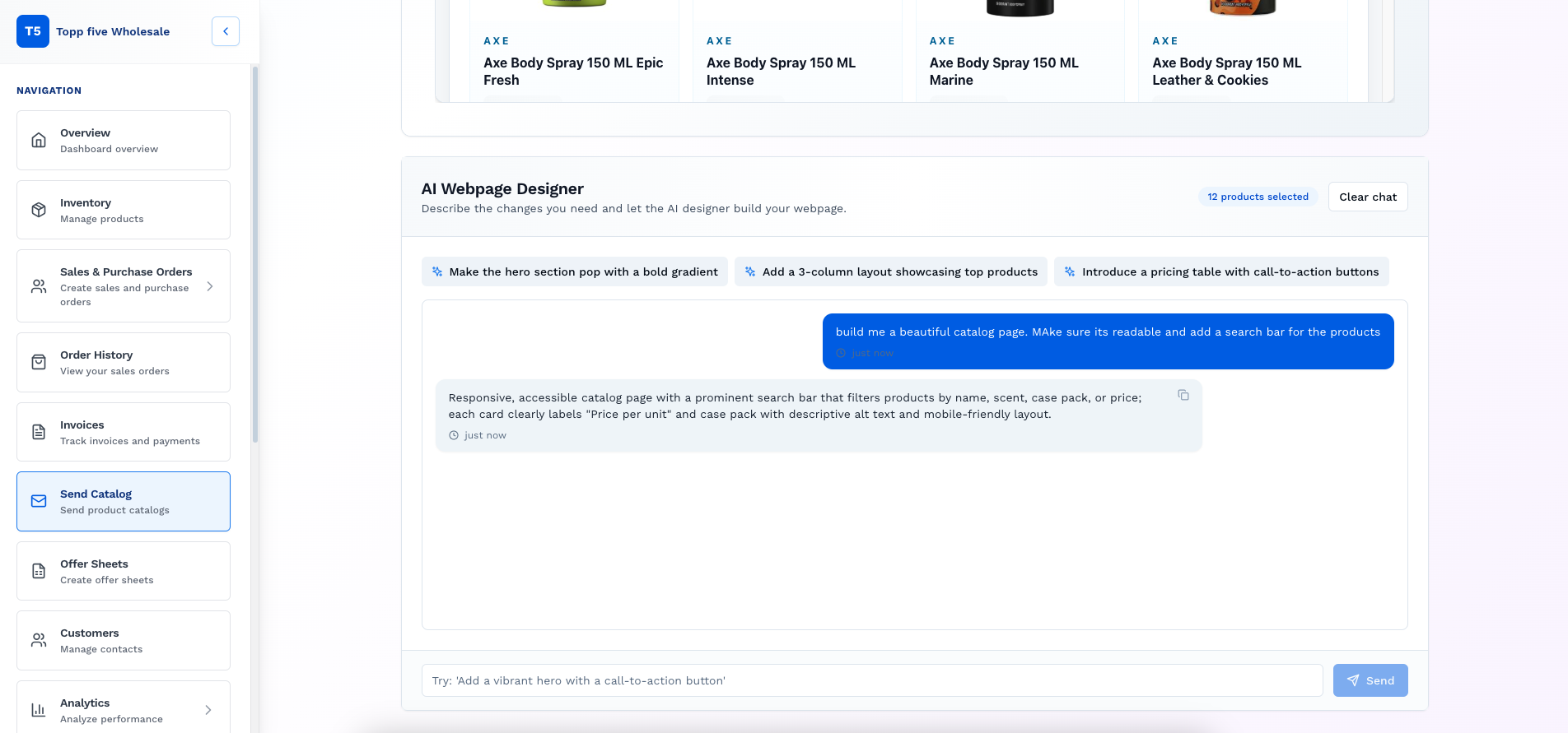 AI Website Builder screenshot showing Create and publish professional catalog websites in seconds using AI. Share your products with customers through beautiful, mobile-responsive pages